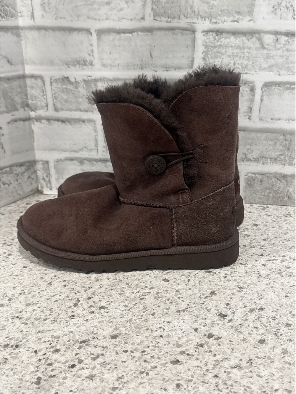 UGG Women's Brown Suede Shearling Button Short Boots, Size 4